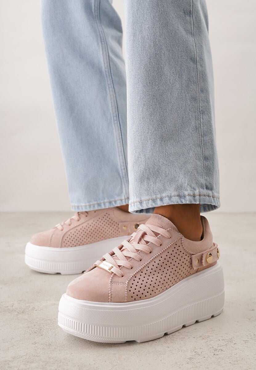 Różowe Perforowane Sneakersy ze Skóry Naturalnej na Platformie i Koturnie Risyla 2