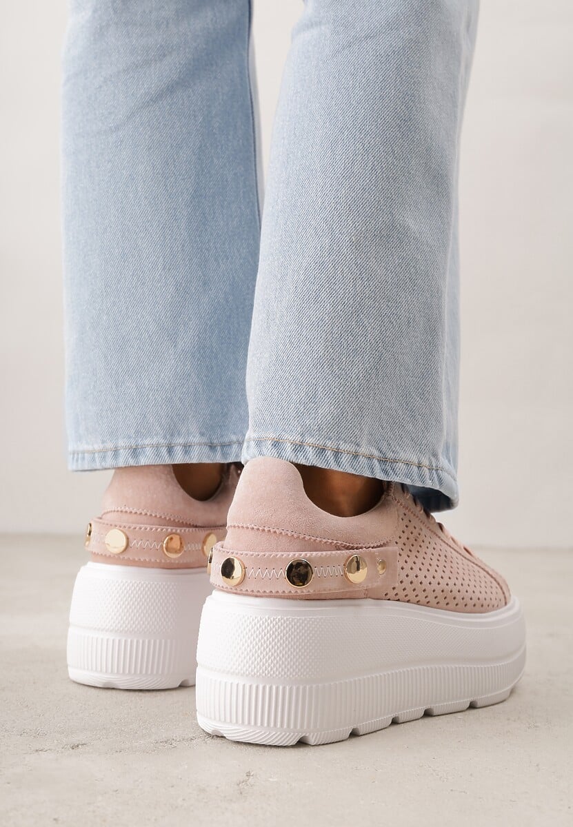 Różowe Perforowane Sneakersy ze Skóry Naturalnej na Platformie i Koturnie Risyla 3