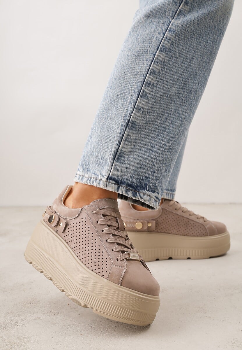 Ciemnobeżowe Perforowane Sneakersy ze Skóry Naturalnej na Platformie i Koturnie Risyla 1