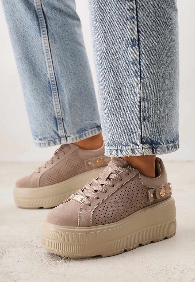 Ciemnobeżowe Perforowane Sneakersy ze Skóry Naturalnej na Platformie i Koturnie Risyla 2