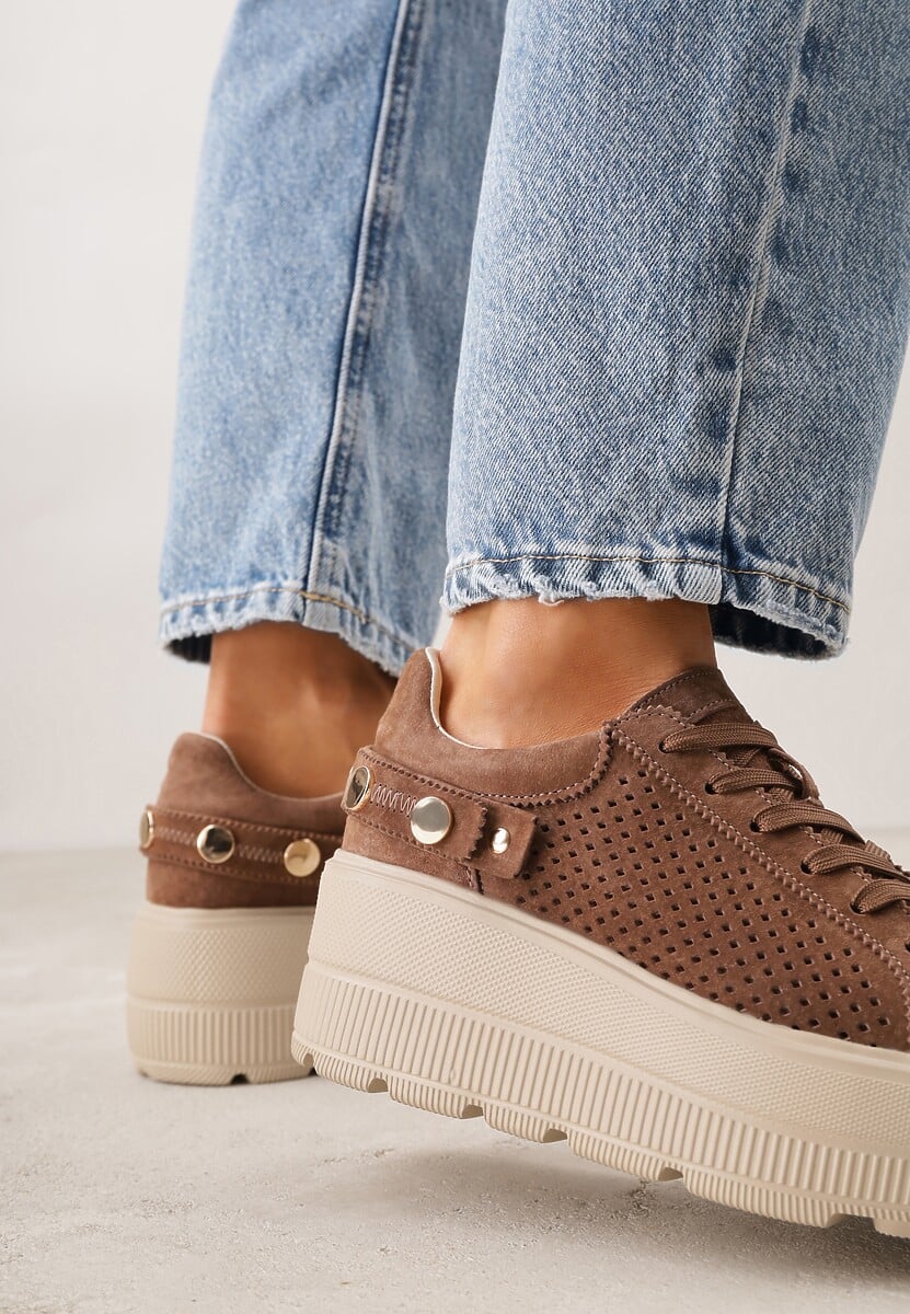 Brązowe Perforowane Sneakersy ze Skóry Naturalnej na Platformie i Koturnie Risyla 3