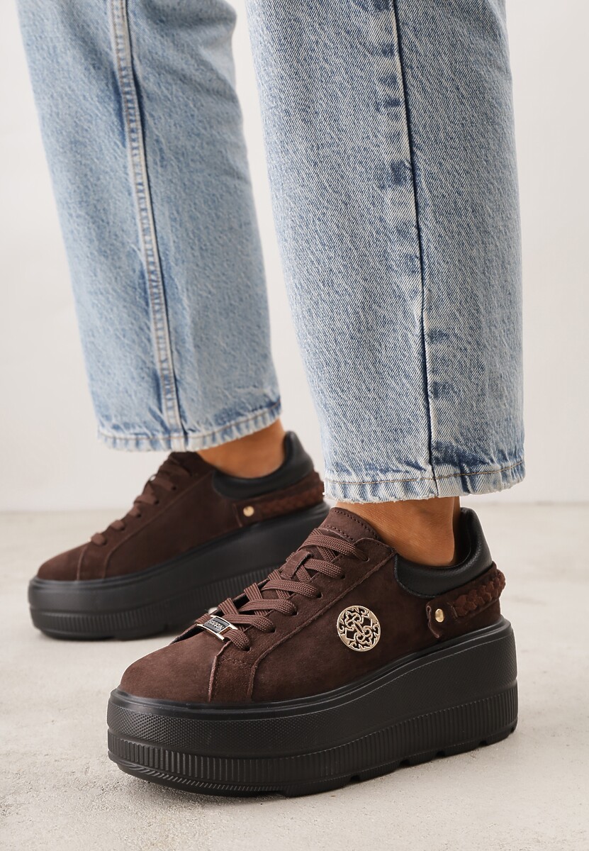 Brązowe Skórzane Sneakersy na Platformie z Aplikacją i Plecionym Paskiem Kaphophai 2