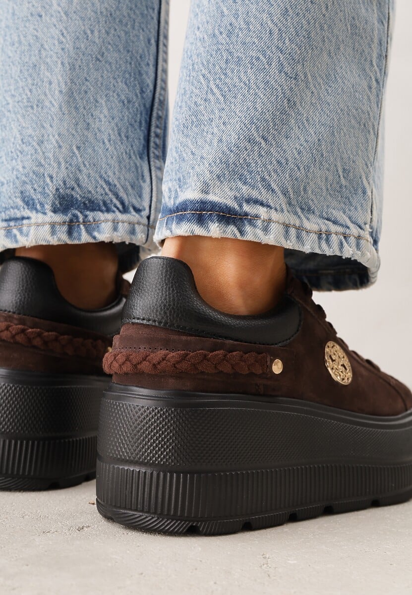 Brązowe Skórzane Sneakersy na Platformie z Aplikacją i Plecionym Paskiem Kaphophai 3