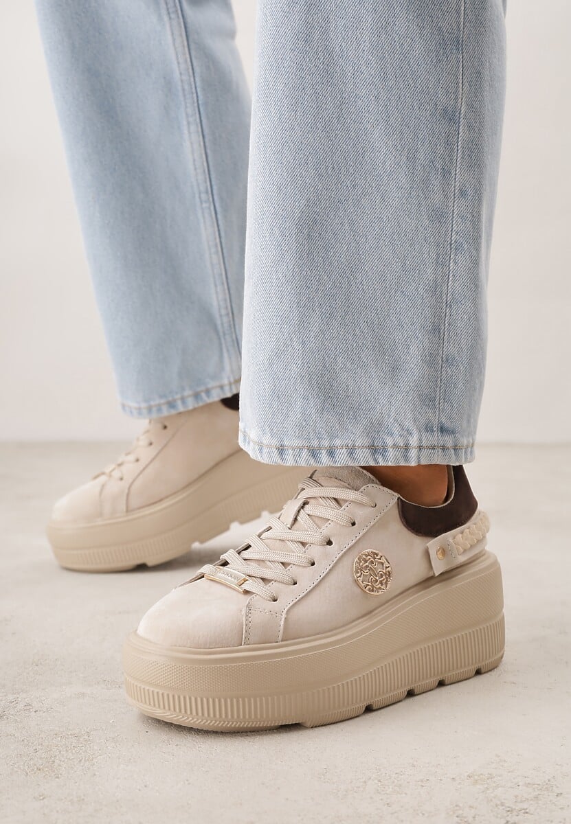 Beżowe Skórzane Sneakersy na Platformie z Aplikacją i Plecionym Paskiem Kaphophai 2