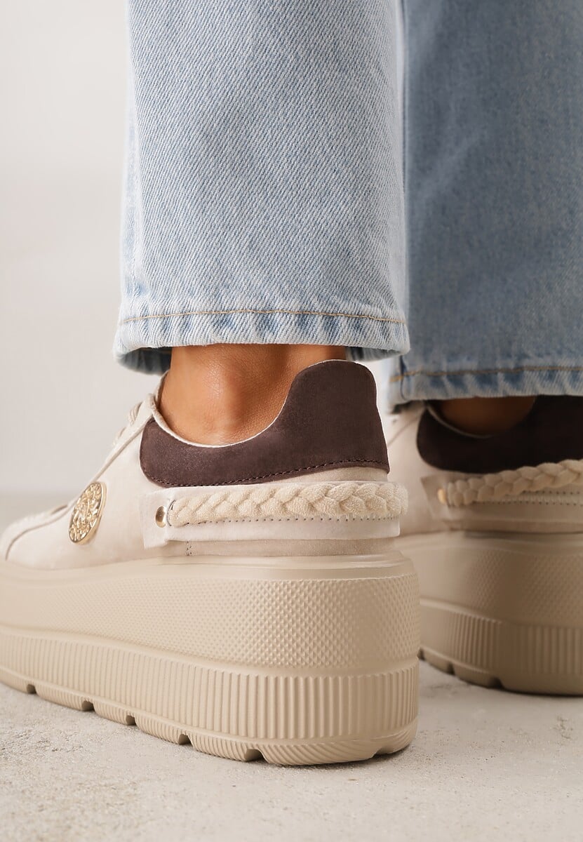 Beżowe Skórzane Sneakersy na Platformie z Aplikacją i Plecionym Paskiem Kaphophai 3