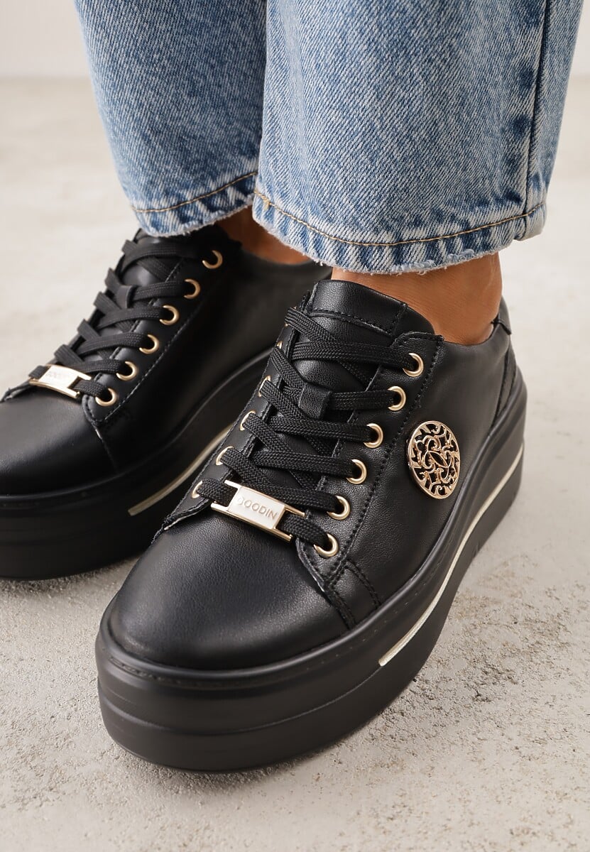 Czarne Skórzane Sneakersy na Koturnie Ozdobione Metalicznymi Aplikacjami Acaledice 3