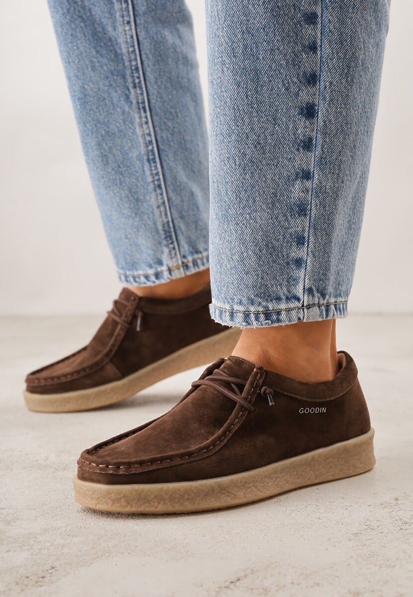 Brązowe Półbuty z Zamszu Naturalnego ze Skórzaną Wkładką i Przeszyciami Oaraneva 2