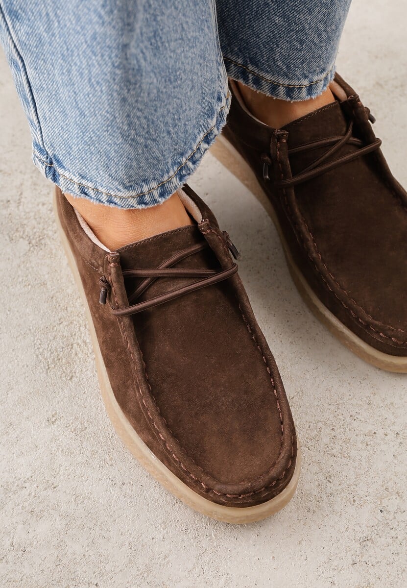 Brązowe Półbuty z Zamszu Naturalnego ze Skórzaną Wkładką i Przeszyciami Oaraneva 3