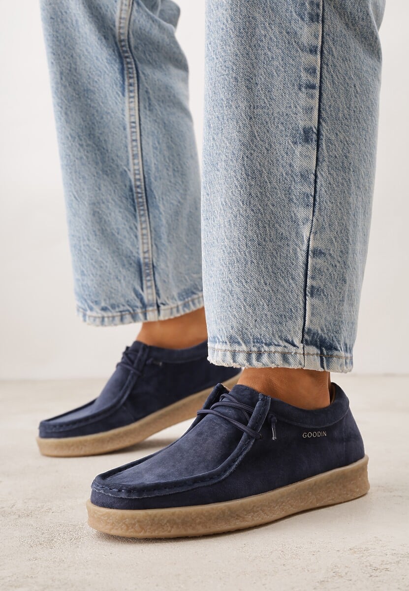 Granatowe Półbuty z Zamszu Naturalnego ze Skórzaną Wkładką i Przeszyciami Oaraneva 2