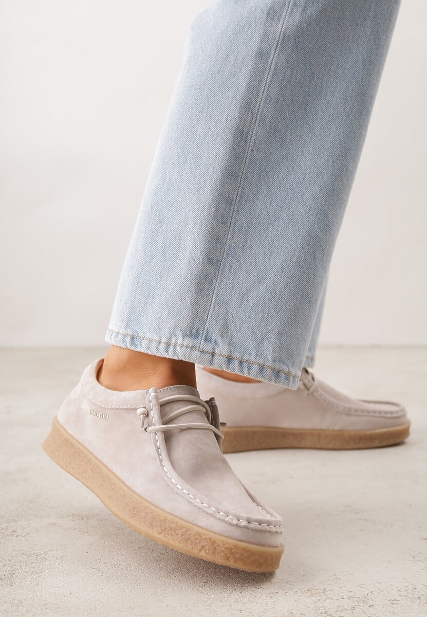 Beżowe Półbuty z Zamszu Naturalnego ze Skórzaną Wkładką i Przeszyciami Oaraneva 1