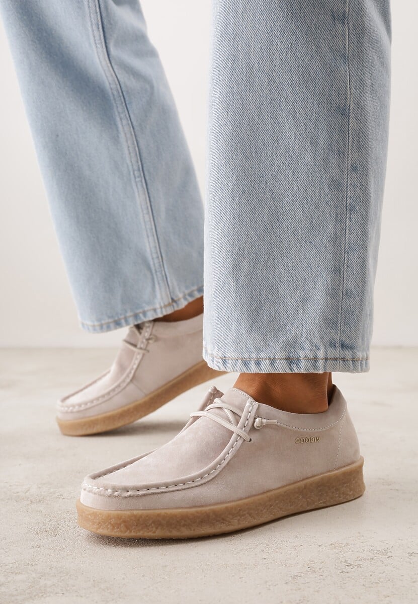 Beżowe Półbuty z Zamszu Naturalnego ze Skórzaną Wkładką i Przeszyciami Oaraneva 2