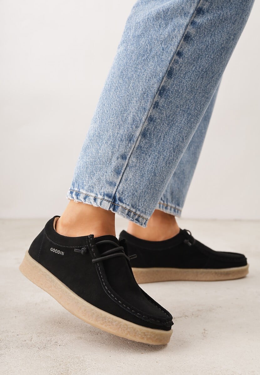 Czarne Półbuty z Zamszu Naturalnego ze Skórzaną Wkładką i Przeszyciami Oaraneva 2