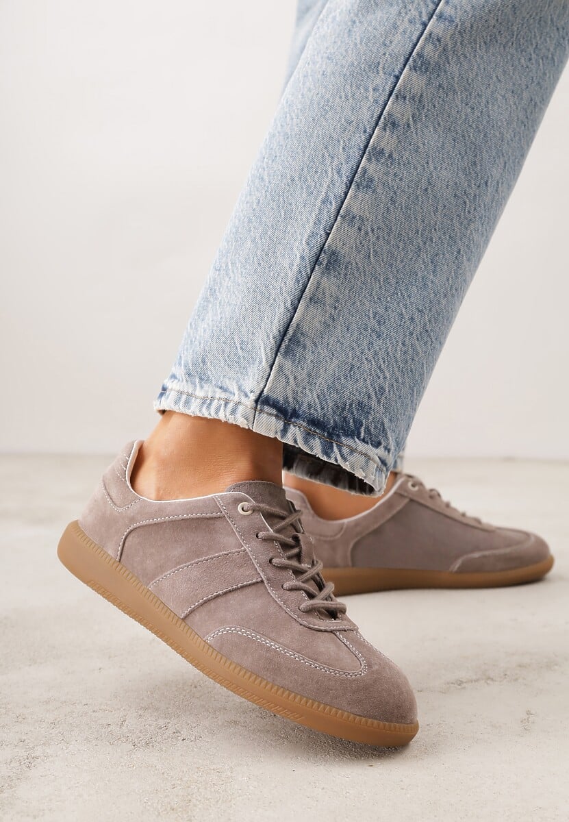 Ciemnobeżowe Zamszowe Sneakersy z Wkładką ze Skóry Naturalnej w Stylu Tenisówek Adredine 1