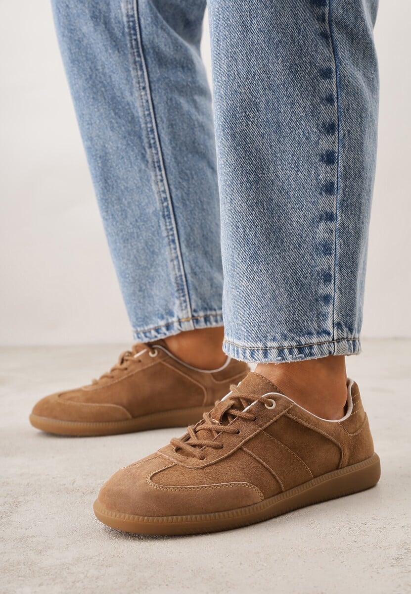 Brązowe Zamszowe Sneakersy z Wkładką ze Skóry Naturalnej w Stylu Tenisówek Adredine 2