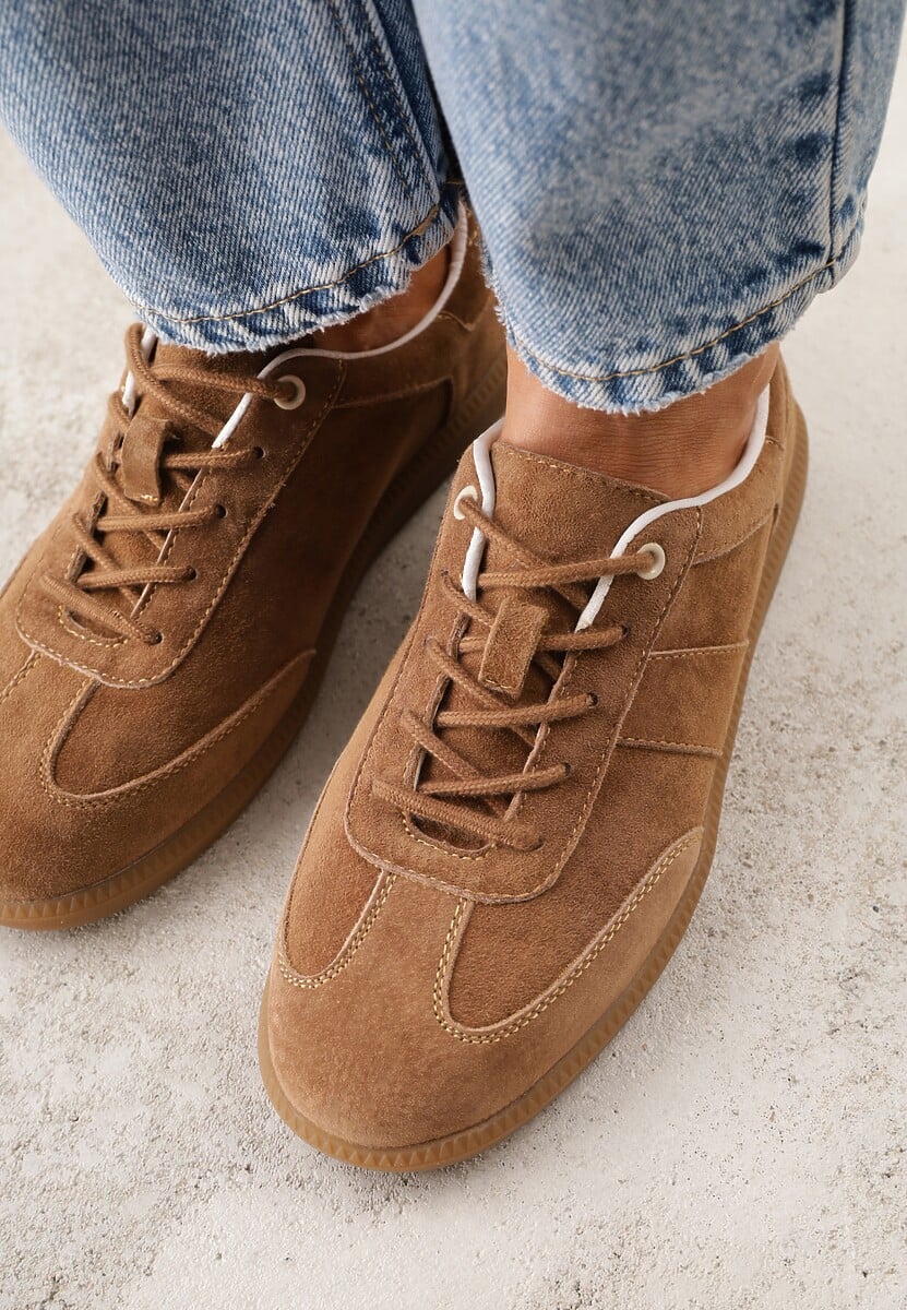 Brązowe Zamszowe Sneakersy z Wkładką ze Skóry Naturalnej w Stylu Tenisówek Adredine 3