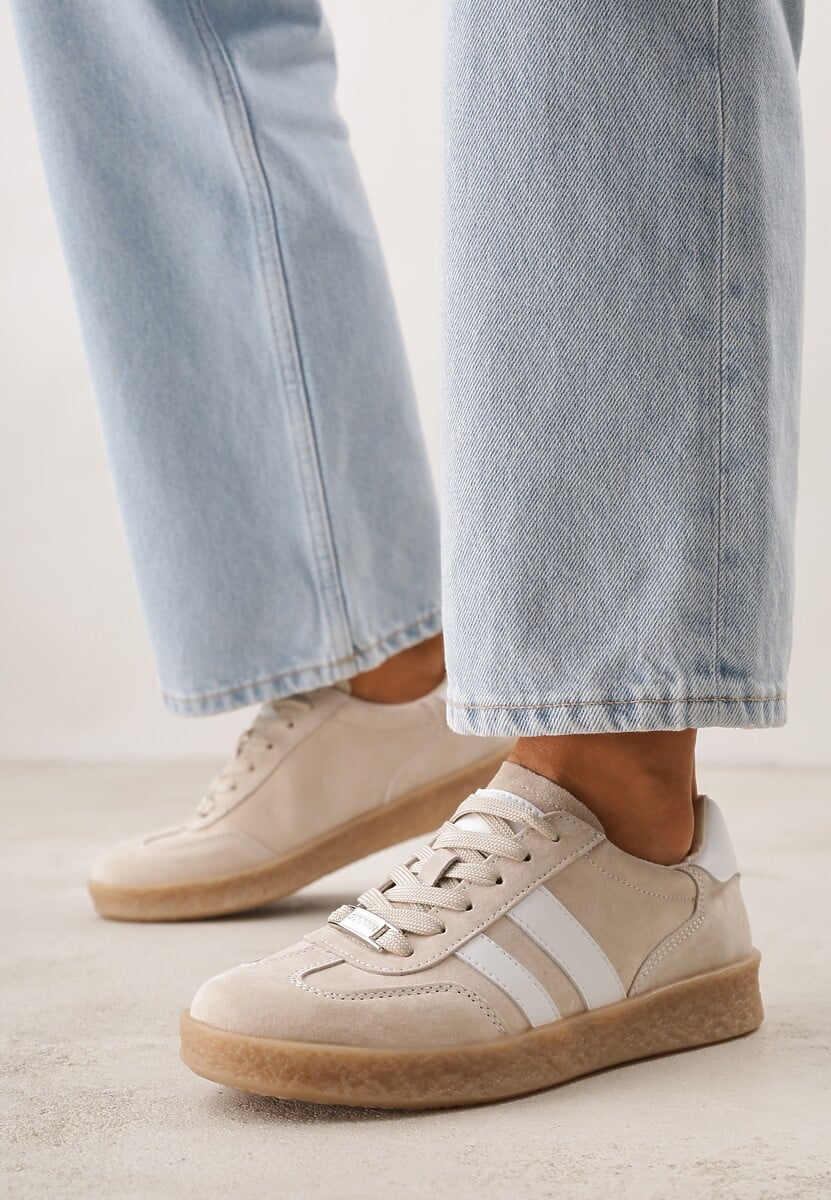 Beżowe Skórzane Sneakersy Typu Tenisówki Ozdobione Paskami Brethanthei 2