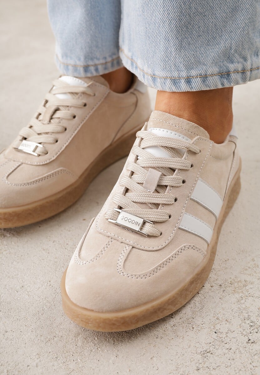 Beżowe Skórzane Sneakersy Typu Tenisówki Ozdobione Paskami Brethanthei 3