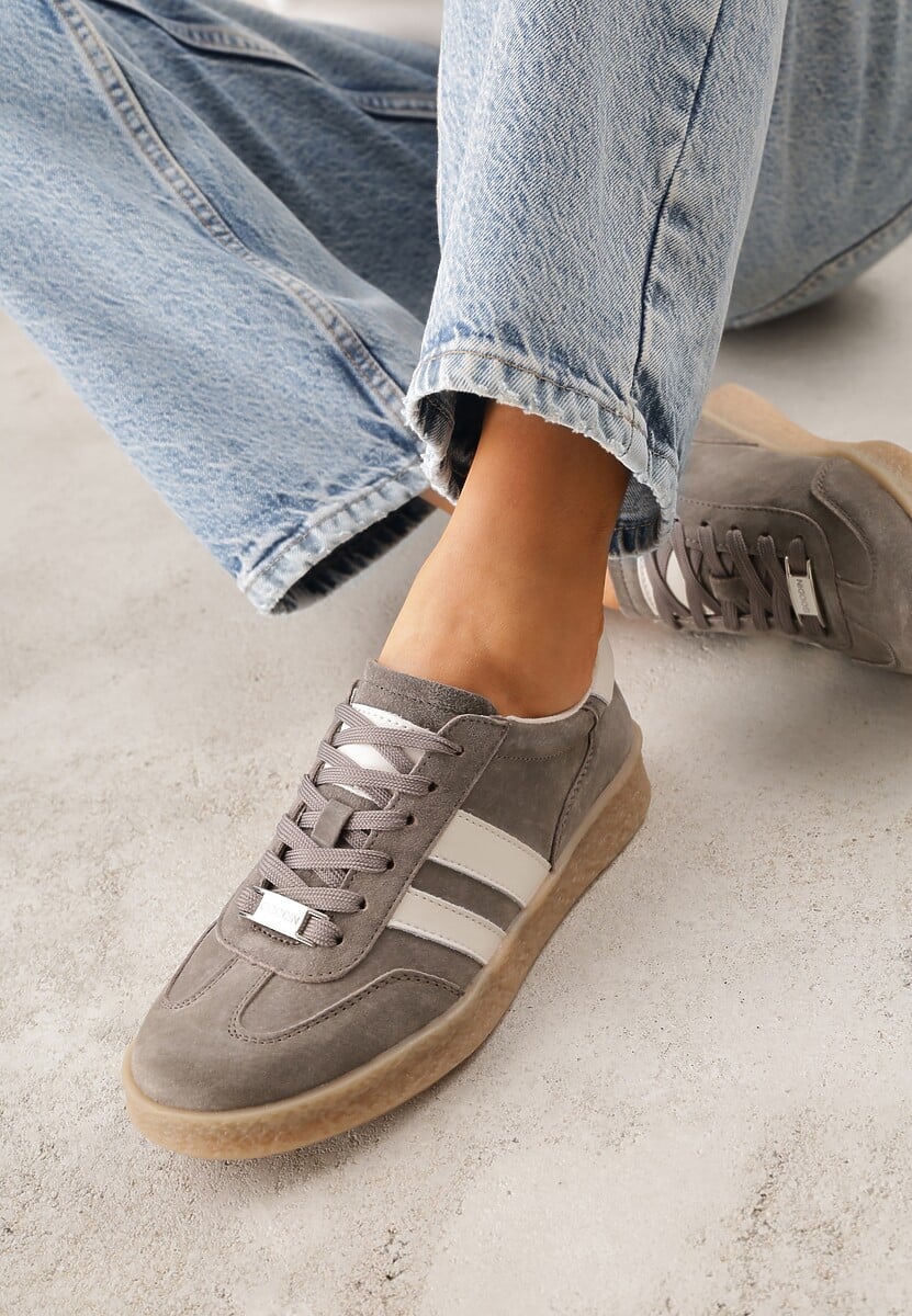 Ciemnobeżowe Skórzane Sneakersy Typu Tenisówki Ozdobione Paskami Brethanthei 1