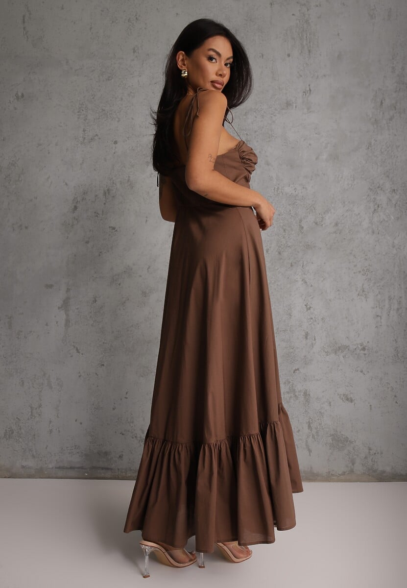 Brązowa Rozkloszowana Sukienka z Bawełny z Wiązanymi Ramiączkami Milistia 3