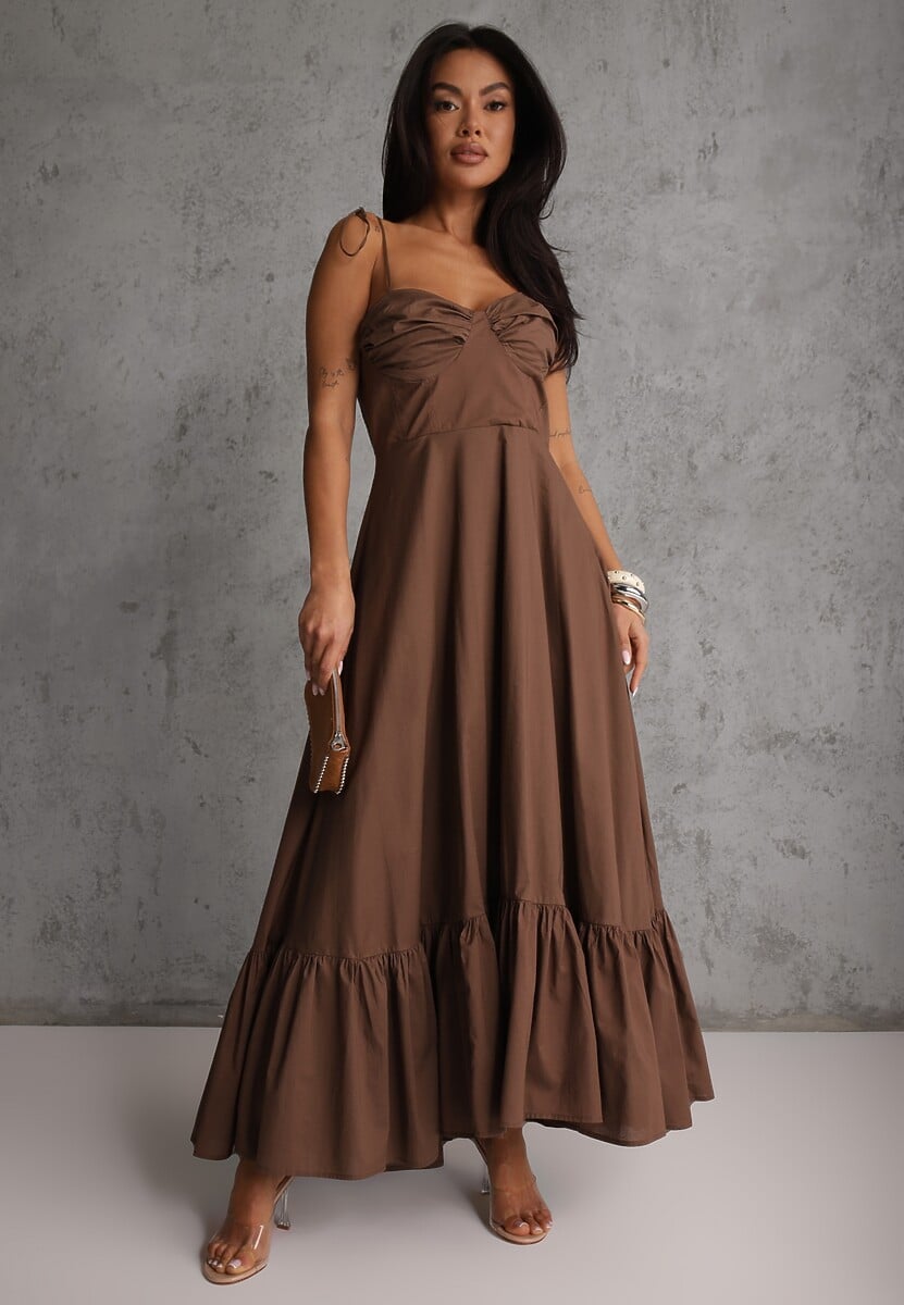 Brązowa Rozkloszowana Sukienka z Bawełny z Wiązanymi Ramiączkami Milistia 1