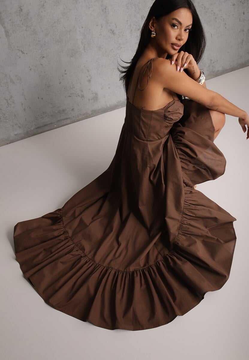 Brązowa Rozkloszowana Sukienka z Bawełny z Wiązanymi Ramiączkami Milistia 2