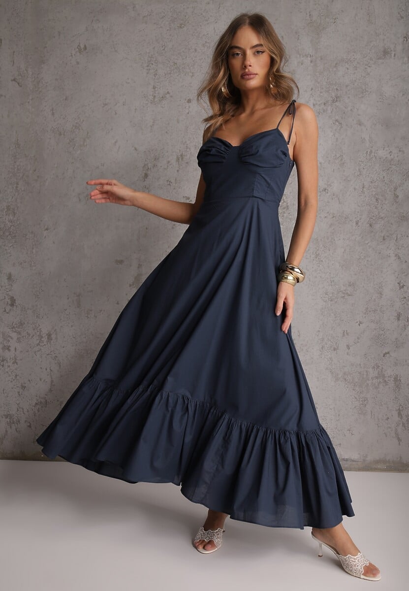 Granatowa Rozkloszowana Sukienka z Bawełny z Wiązanymi Ramiączkami Milistia 2