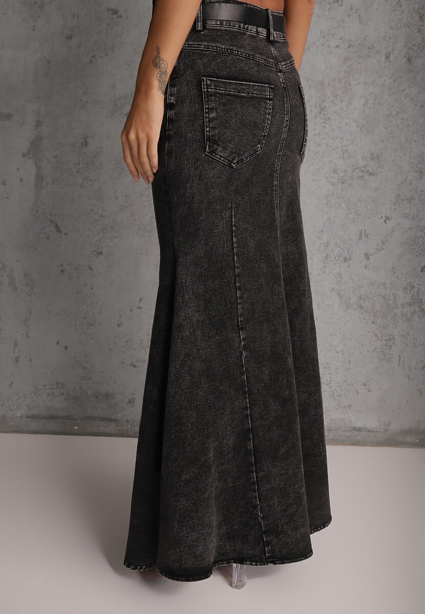 Czarna Spódnica Syrenka z Bawełny Jeansowa High Waist z Paskiem Appala 3