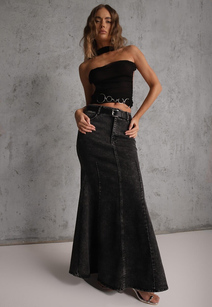 Czarna Spódnica Syrenka z Bawełny Jeansowa High Waist z Paskiem Appala 2