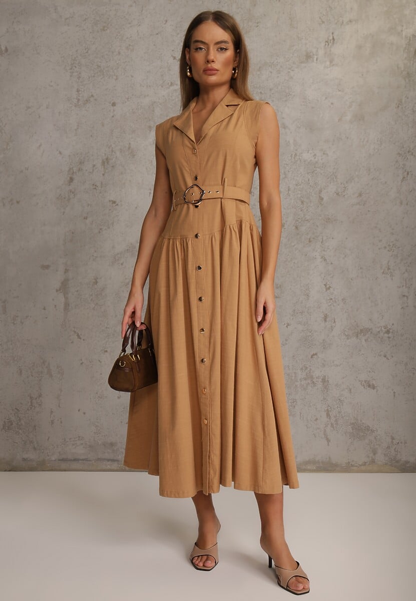 Beżowa Bawełniano-Wiskozowa Sukienka Koszulowa Bez Rękawów z Paskiem Athithoe 2