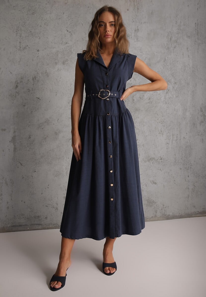 Granatowa Bawełniano-Wiskozowa Sukienka Koszulowa Bez Rękawów z Paskiem Athithoe 1