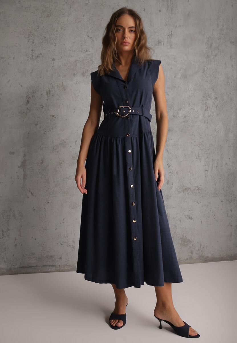 Granatowa Bawełniano-Wiskozowa Sukienka Koszulowa Bez Rękawów z Paskiem Athithoe 2