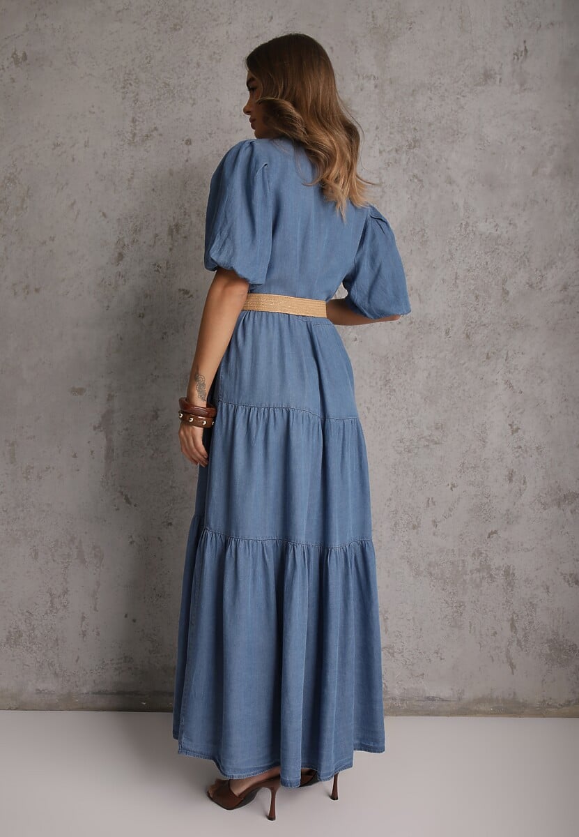 Jasnoniebieska Koszulowa Sukienka z Wiskozą Paskiem z Plecionki i Bufkami Nedara 3