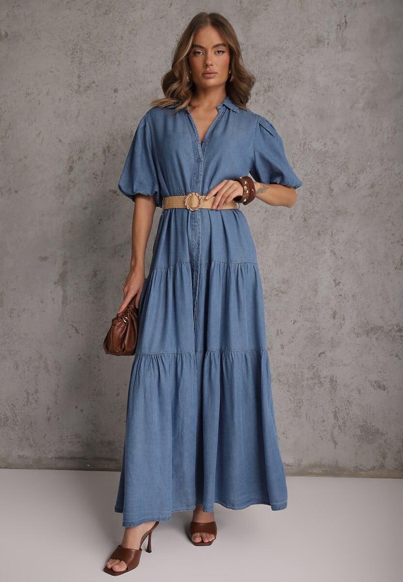 Jasnoniebieska Koszulowa Sukienka z Wiskozą Paskiem z Plecionki i Bufkami Nedara 2