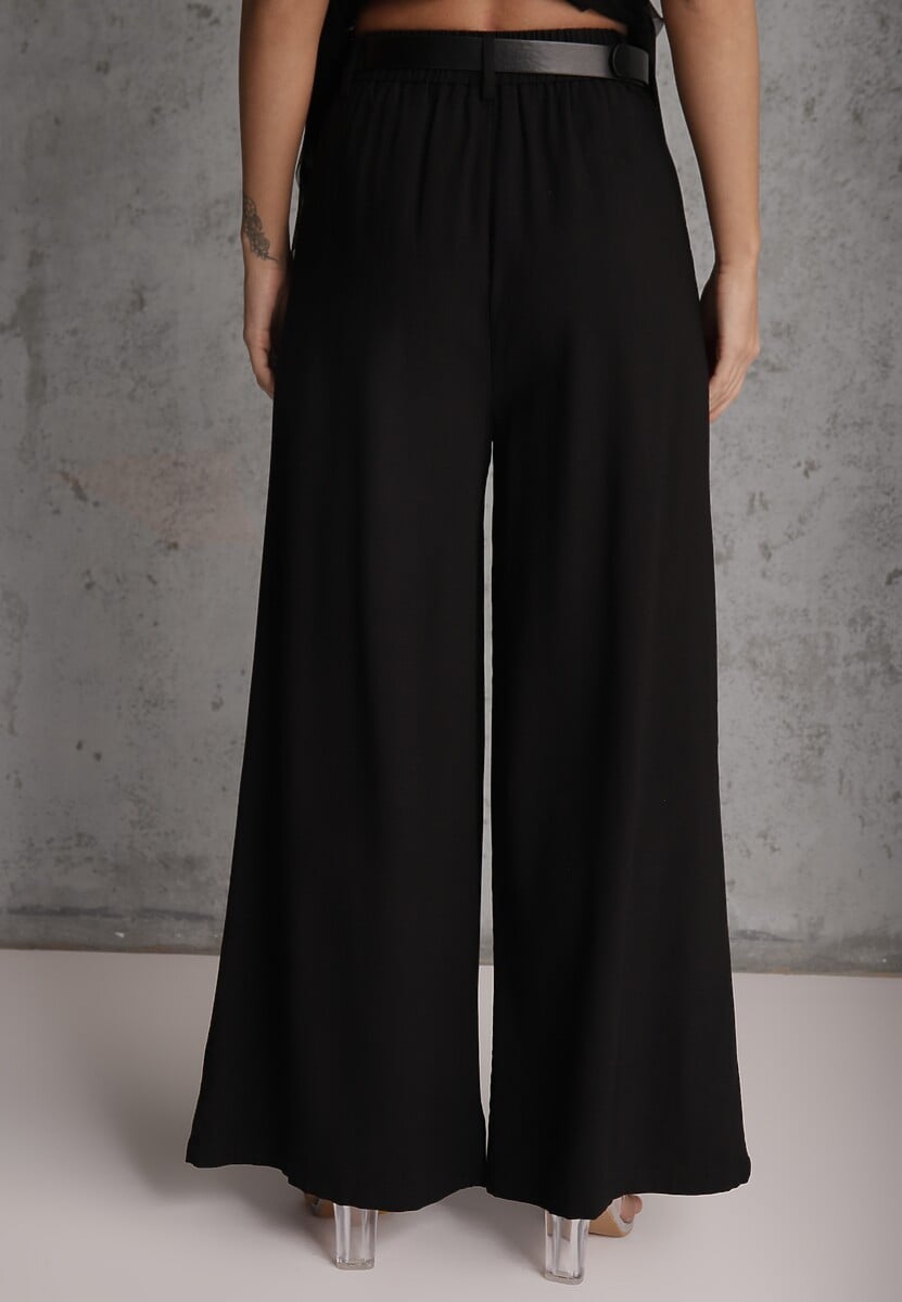 Czarne Garniturowe Spodnie Szerokie z Wiskozy z Paskiem Moun 3