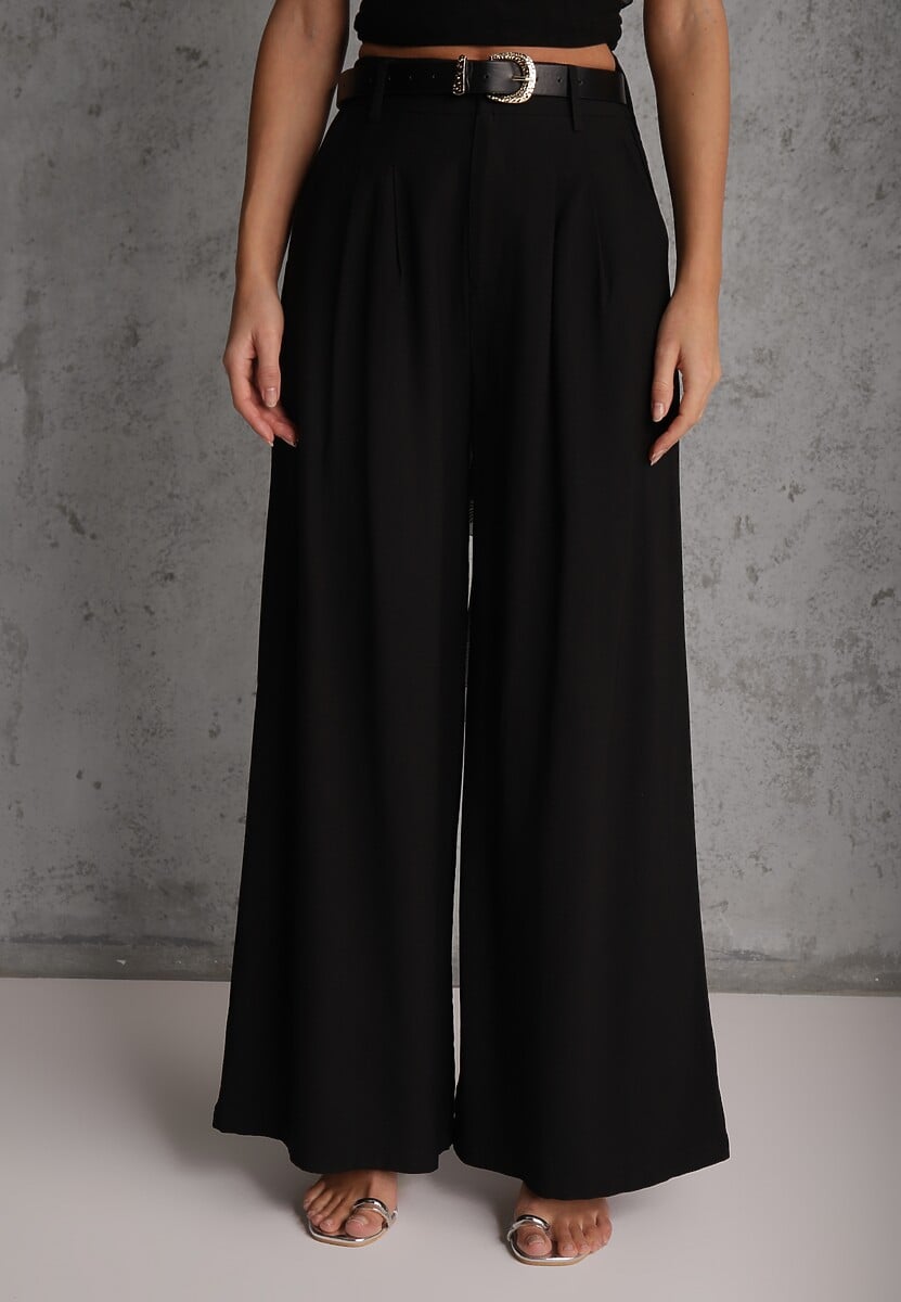 Czarne Garniturowe Spodnie Szerokie z Wiskozy z Paskiem Moun 2