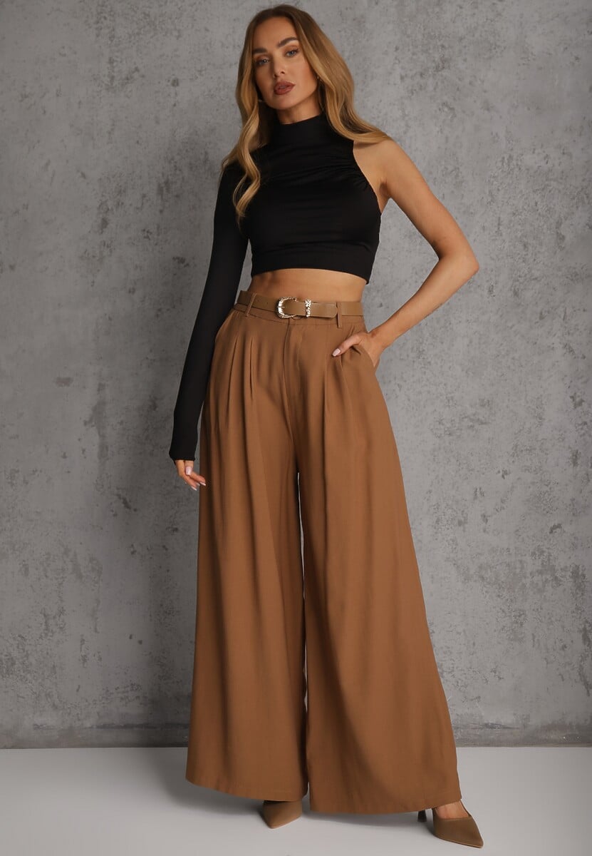 Brązowe Garniturowe Spodnie Szerokie z Wiskozy z Paskiem Moun 1