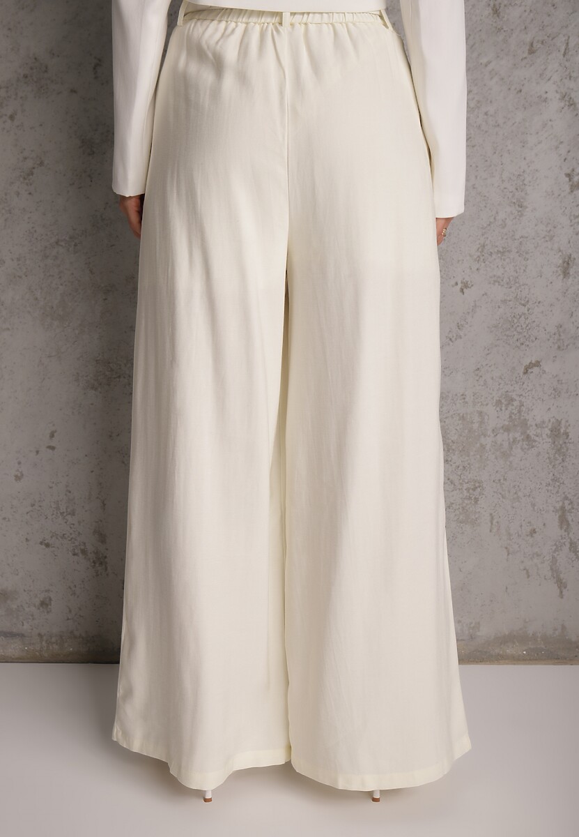 Białe Garniturowe Spodnie Szerokie z Wiskozy z Paskiem Moun 3