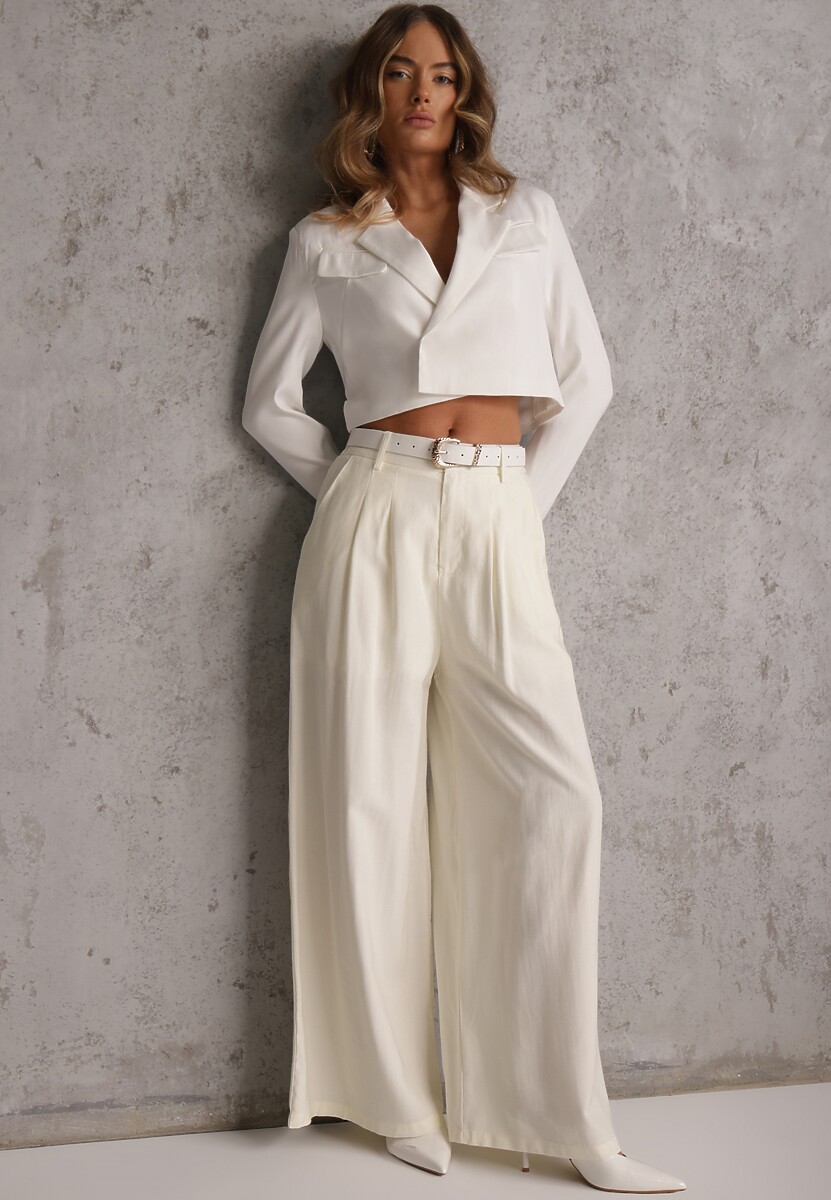 Białe Garniturowe Spodnie Szerokie z Wiskozy z Paskiem Moun 1