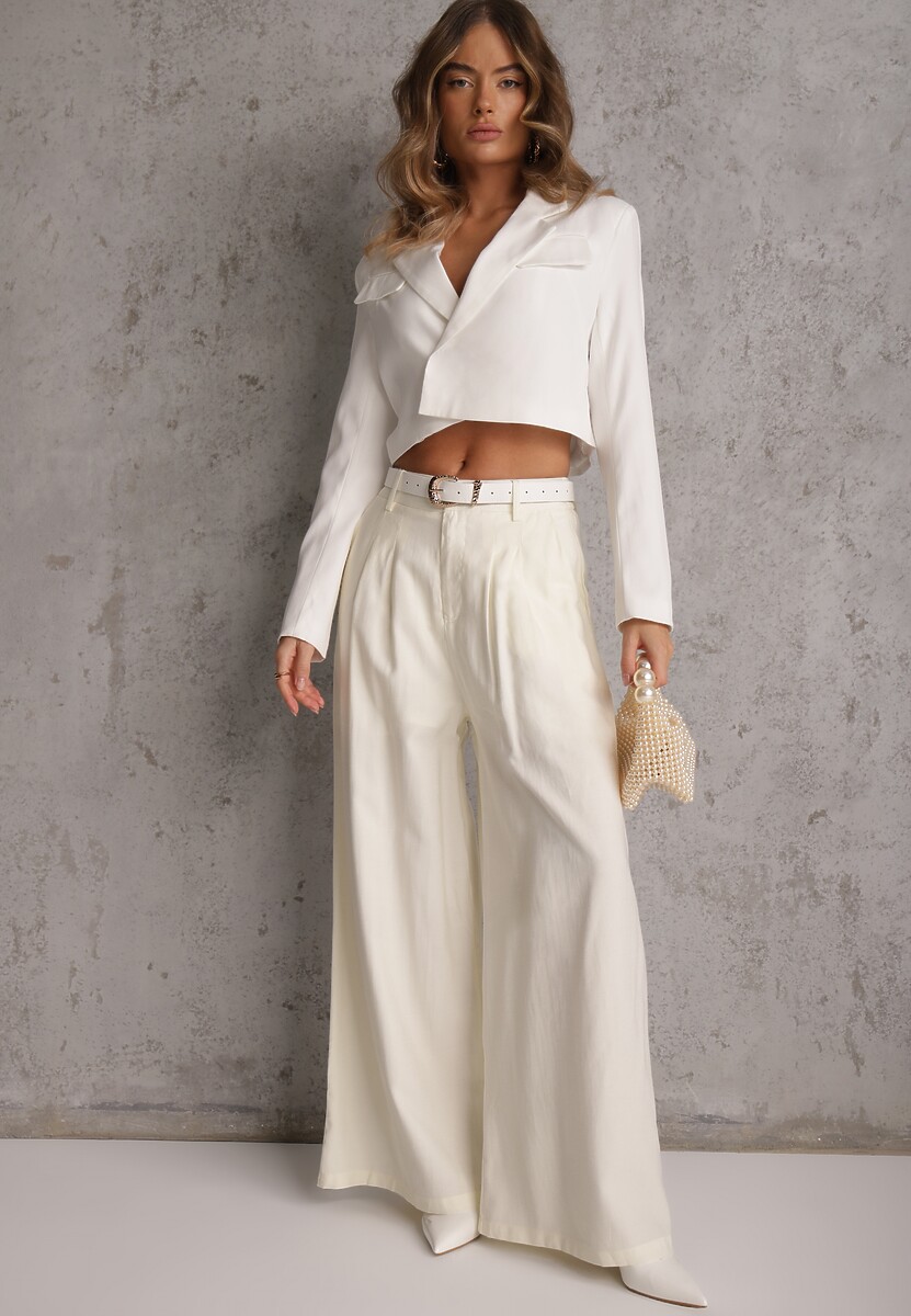 Białe Garniturowe Spodnie Szerokie z Wiskozy z Paskiem Moun 2