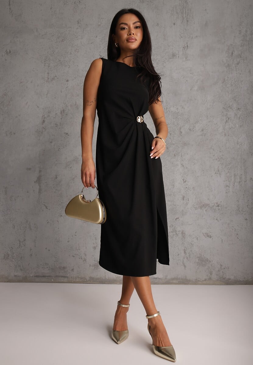 Czarna Sukienka z Wiskozą Bez Rękawów z Rozcięciem na Nogę i Ozdobą Kauri 1