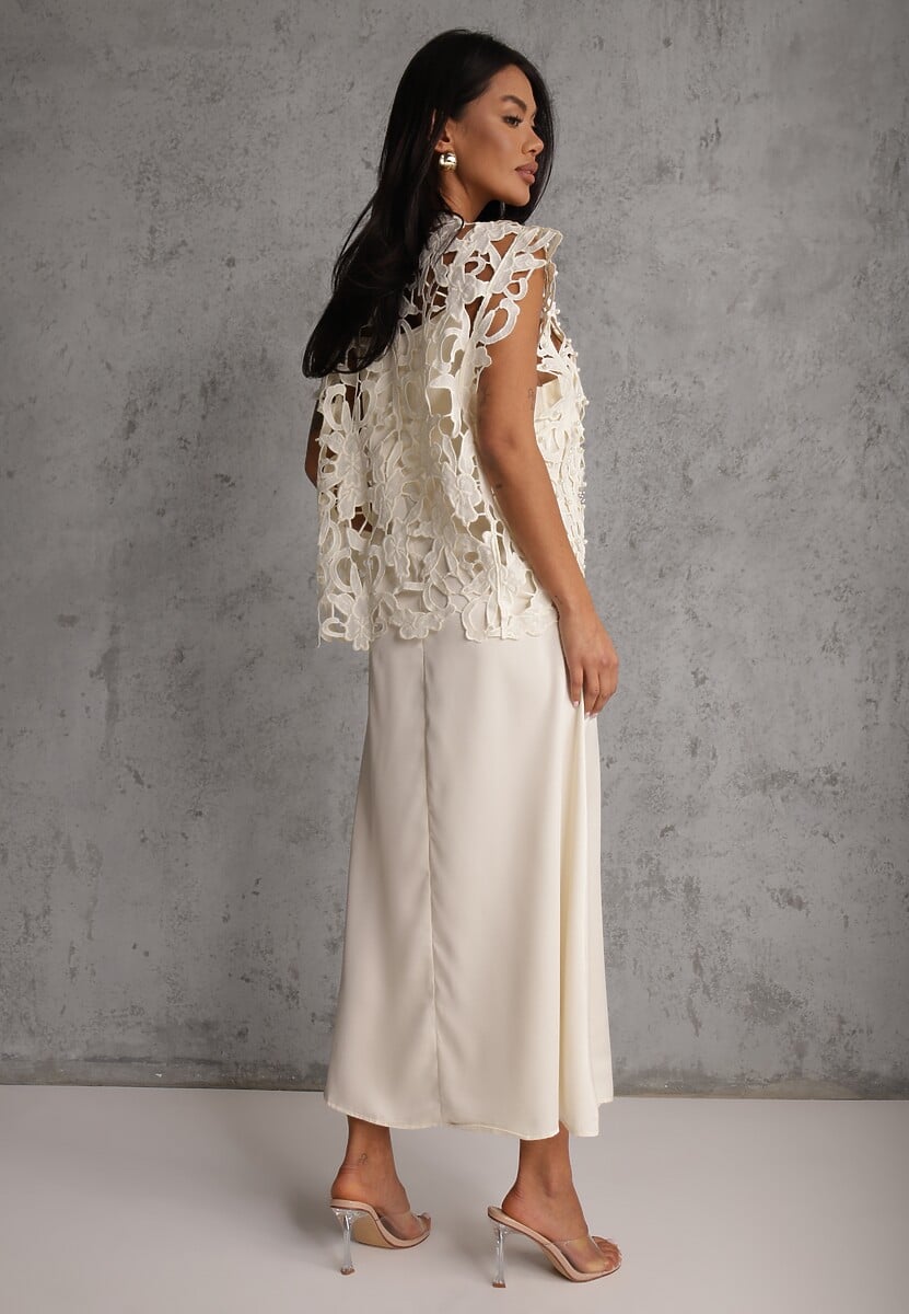 Jasnobeżowa Bawełniano-Wiskozowa Sukienka Slip Dress z Ozdobną Narzutką Sagossia 3