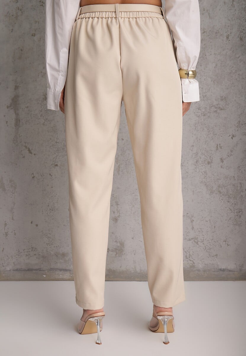 Beżowe Spodnie Cygaretki High Waist z Paskiem z Klamrą w Kształcie Półksięzyca Vikinai 3