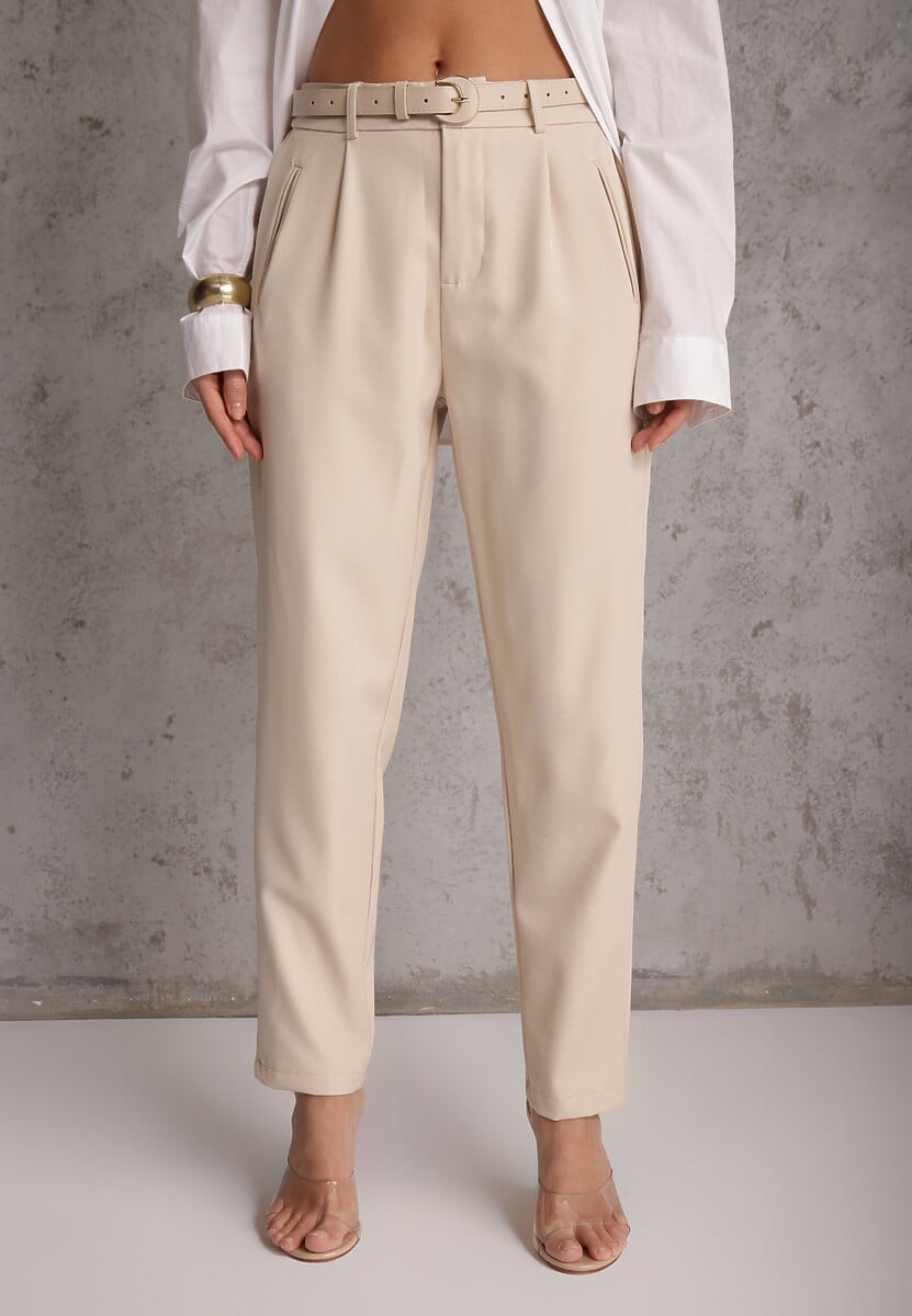 Beżowe Spodnie Cygaretki High Waist z Paskiem z Klamrą w Kształcie Półksięzyca Vikinai 2