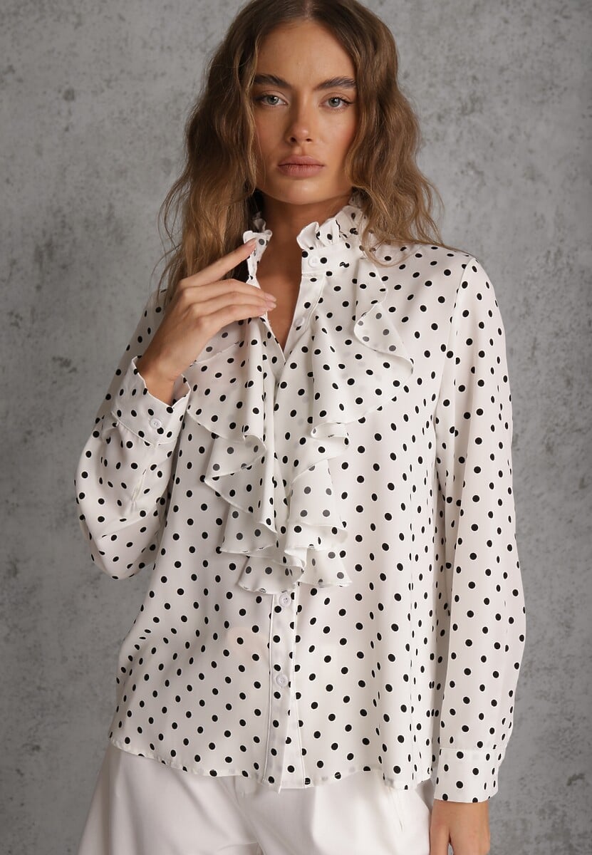 Biała Falbaniasta Koszula z Wiskozy w Kropki ze Stójką Aegista 1