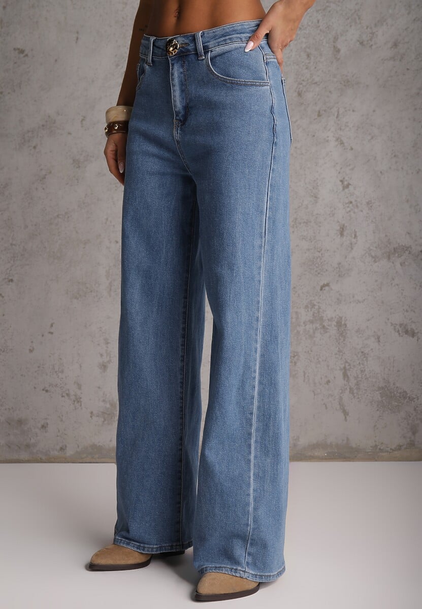 Niebieski Jeansowy Komplet z Bawełny Wide Leg Jeans i Kamizelka na Guziki Noena 2