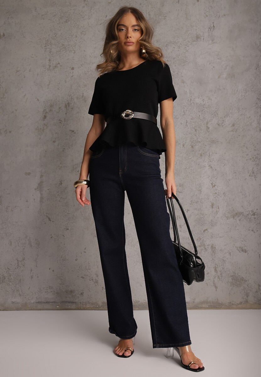 Czarna Dzianinowa Bluzka Baskinka z Paskiem i Klamrą Megassa 2