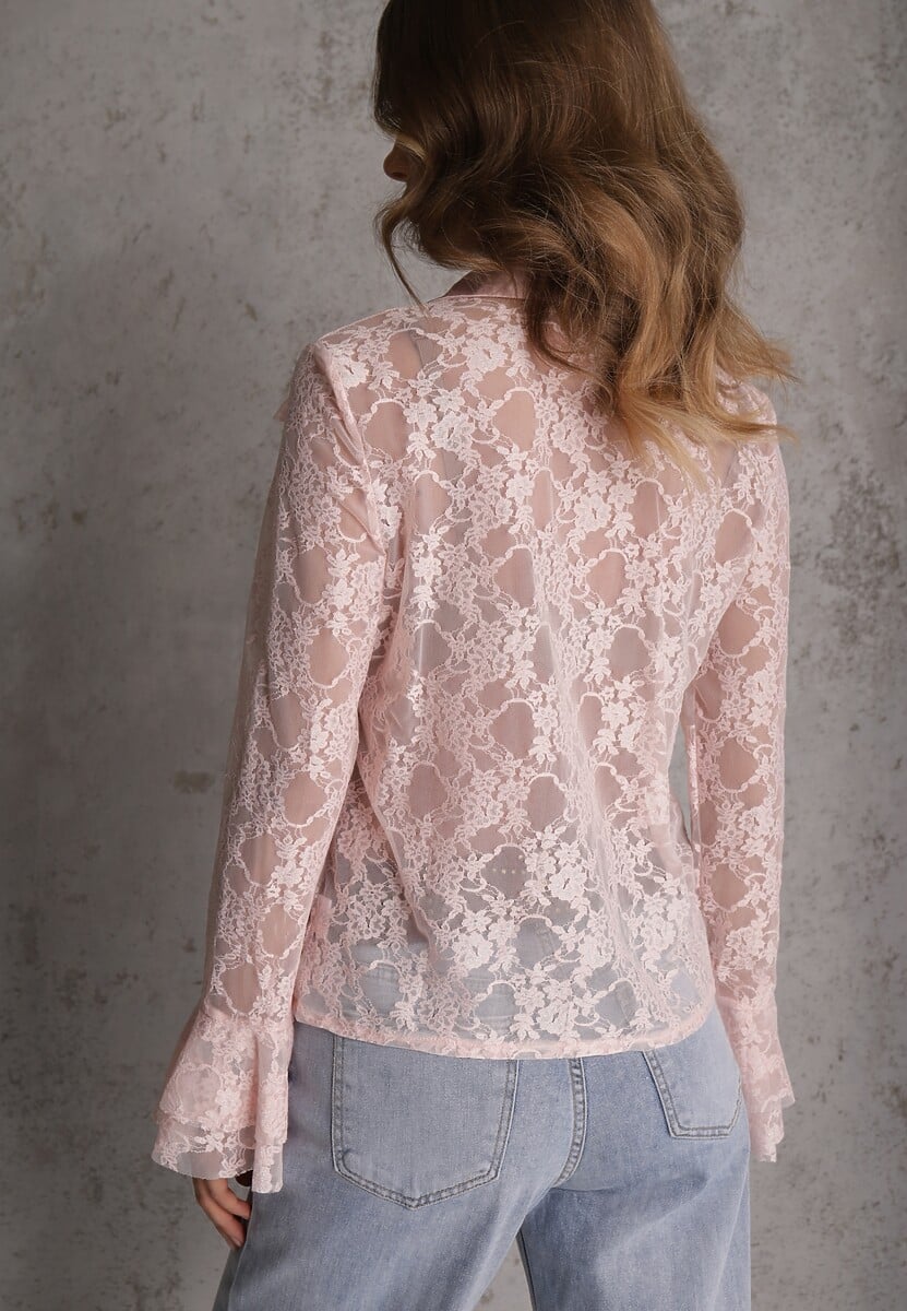 Różowa Wiskozowa Koronkowa Koszula z Bawełną i Falbanami  Oraeno 3