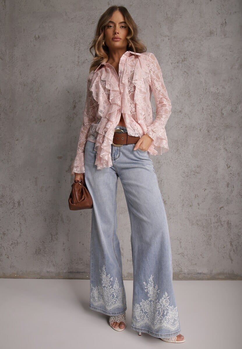 Różowa Wiskozowa Koronkowa Koszula z Bawełną i Falbanami  Oraeno 2