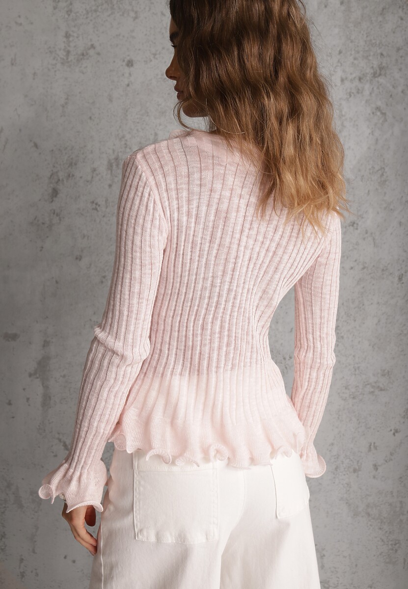 Różowa Bluzka z Wiskozą w Prążki z Falbanami Chionolis 3