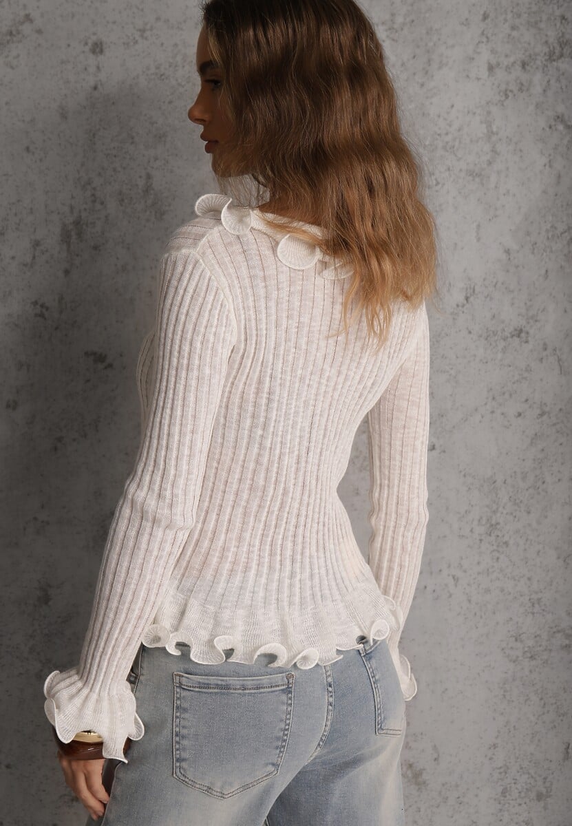 Biała Bluzka z Wiskozą w Prążki z Falbanami Chionolis 3